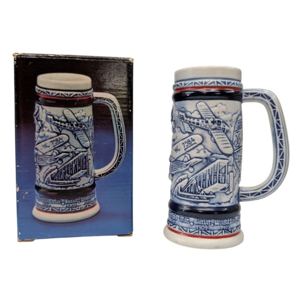 Vtg Avon Flying Classics Ceramic Stein Blue Wright Bros 1982 with Box